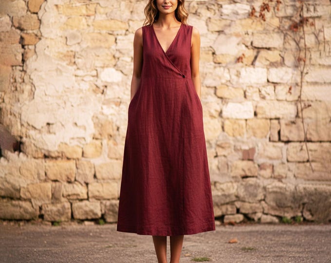 Anysize Custom 100% Linen Dress Sleeveless Wrap Style Dress V Neck A Line Summer Dress with Pockets Plus Size Dress Plus Size Clothing F52UL