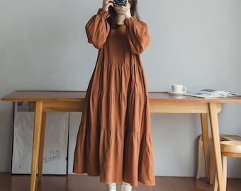 Anysize custom ruffle sleeves soft linen cotton pleated dress with side pockets spring fall plus size dress plus size clothing F22PE