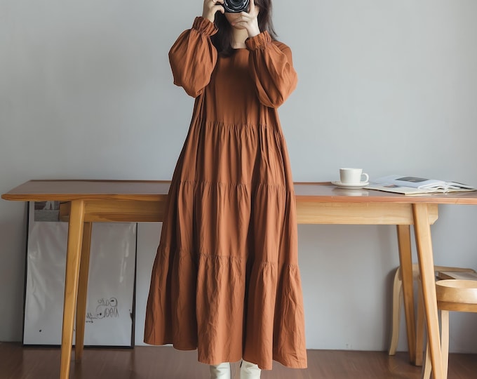 Anysize custom ruffle sleeves soft linen cotton pleated dress with side pockets spring fall plus size dress plus size clothing F22PE