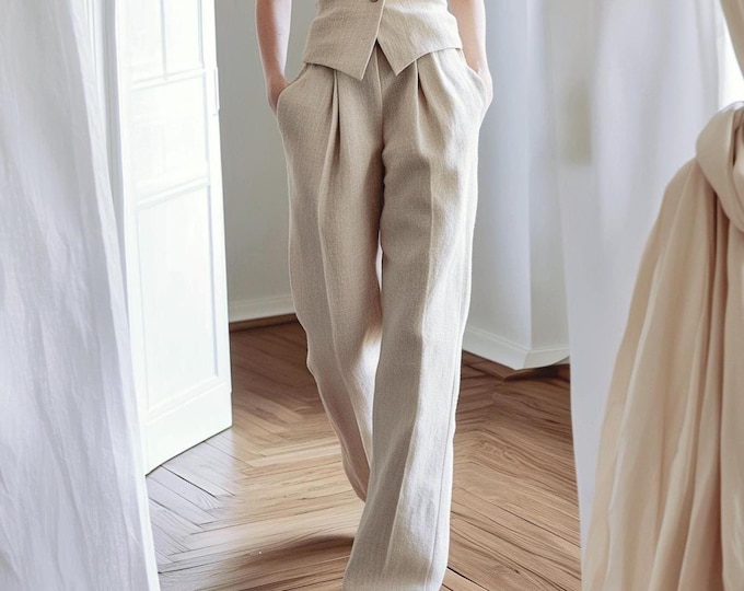 Anysize custom 100% linen pants floor length with pockets elastic waist spring summer plus size pants plus size clothing F12CL