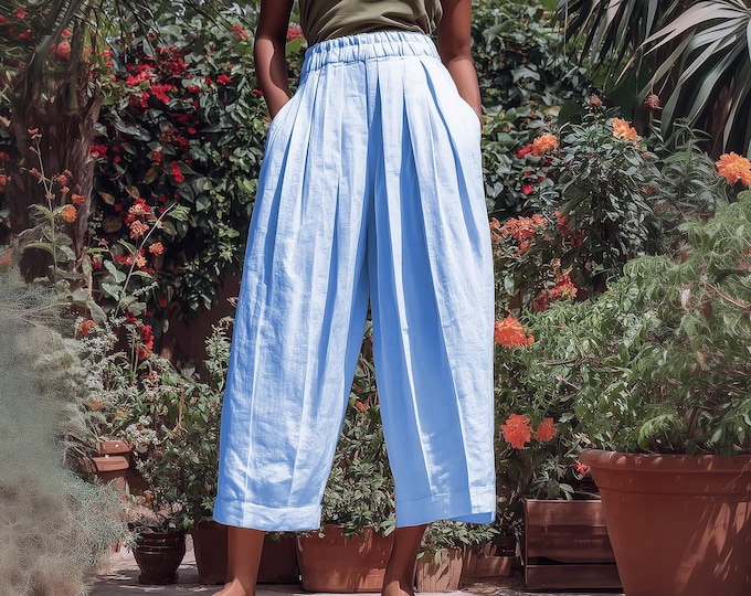 Anysize custom 100% linen wide leg pants with pockets elastic waist spring summer plus size pants plus size clothing F19RL