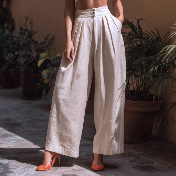 Anysize custom 100% linen pants pleated trousers with pockets back elastic waist spring summer plus size pants plus size clothing F28PL