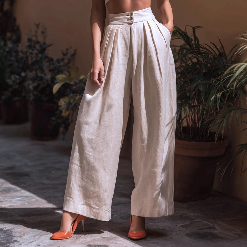 May include: Cream-colored wide-leg pants with a high waist and button closure. The pants have pleats and pockets. The model is wearing orange heels. The background includes potted plants and a neutral-toned wall.