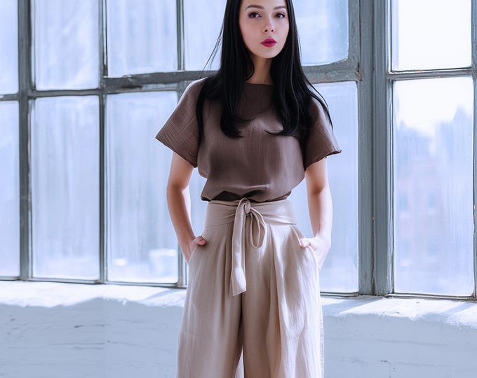 Anysize custom 100% linen tops round neck shirt loose tops short sleeves linen blouse summer plus size tops plus size clothing F76DL