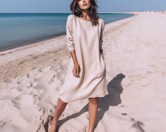Anysize custom midi dress soft linen cotton dress long sleeves plus size dress with side pockets spring fall plus size clothing F83PE