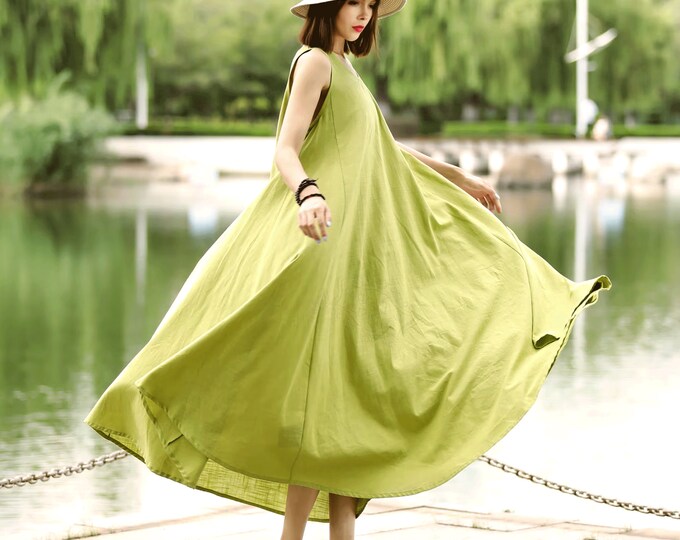 Anysize custom 100% linen sleeveless big expansion dress with side pockets V-neck summer plus size dress plus size clothing  F493L