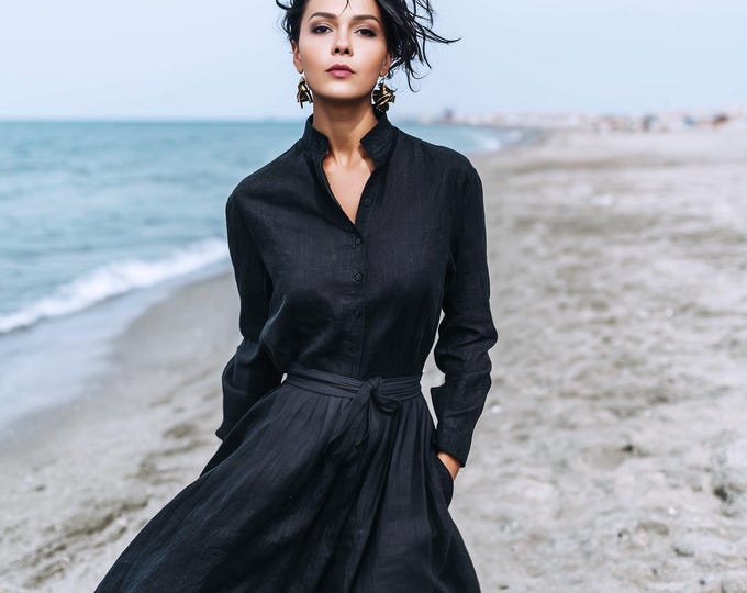 Anysize custom linen cotton maxi shirt dress long sleeves with functional buttons side pockets spring fall retro plus size clothing F85PN