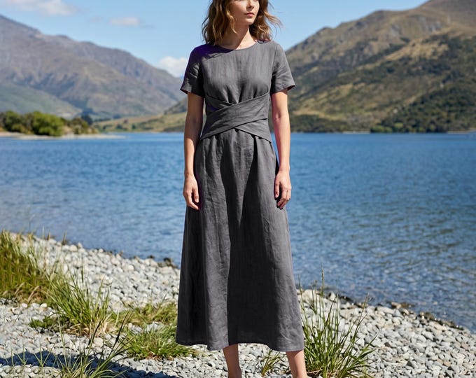 Anysize Custom 100% Linen Dress Cross Waist Dress Back Tie Linen Dress Minimalist Summer Dress Elegant A-Line Dress With Pockets F94VL
