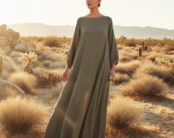 Anysize Custom Long Sleeves Loose Robe Soft Linen Cotton Plus Size Maxi Dress Boat Neck Side Pockets Plus Size Clothing F57SE