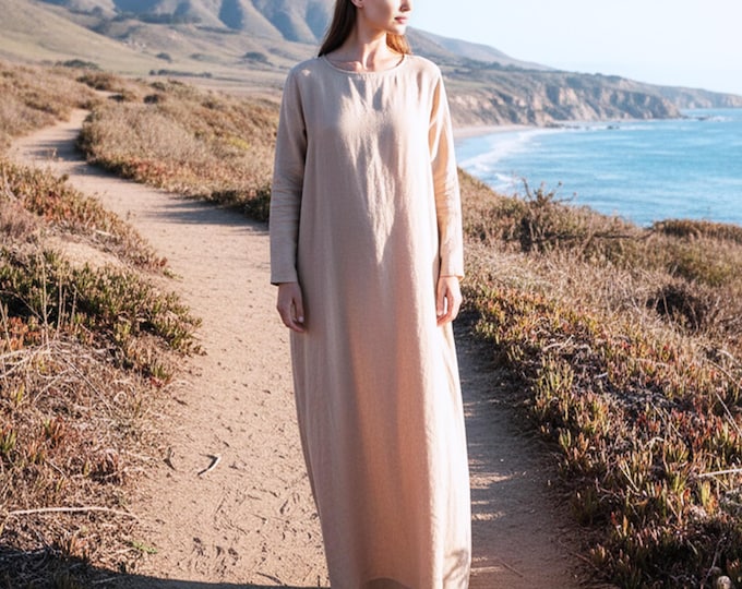 Anysize Custom Linen Cotton Robe Long Sleeves Maxi Dress With Pockets Plus Size Dress Spring Fall Retro Plus Size Clothing F6TN