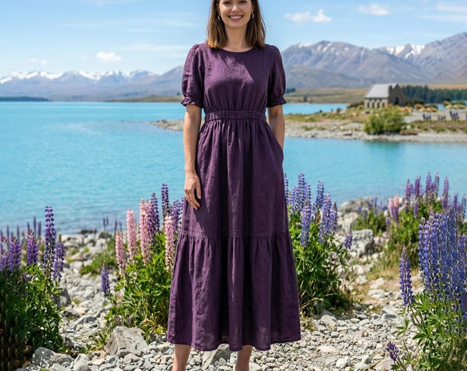 Anysize Custom 100% Linen Dress for Women Round Neck Puff Short Sleeve Elastic Waist Tiered Dress A-Line Summer Dress with Pockets F77VL