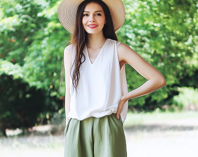 Anysize custom v neck 100% linen sleeveless tank loose tops summer undershirt plus size tops plus size clothing F6CL