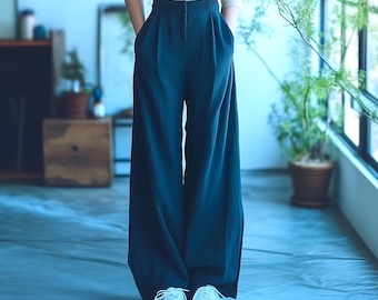 Anysize custom back elastic waist linen cotton pants spring fall long trousers with pockets plus size pants plus size clothing F998E