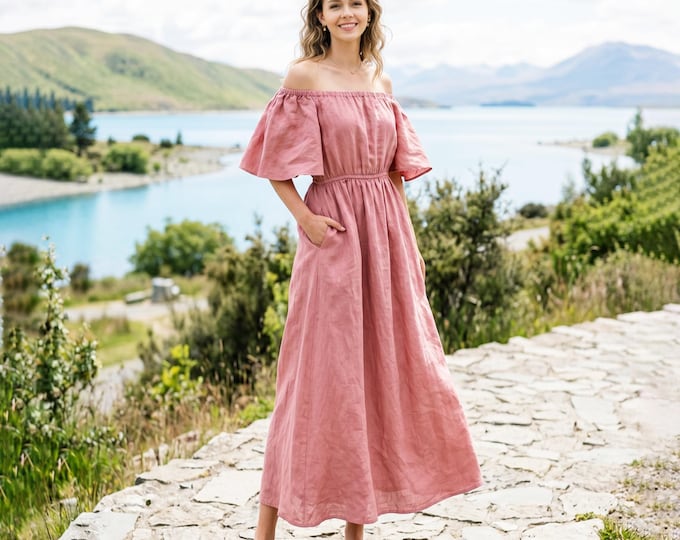 Anysize Custom 100% Linen Off Shoulder Dress Women Elastic Waist Maxi Dress Flutter Sleeve Dress Summer Linen Dress With Pockets F65WL