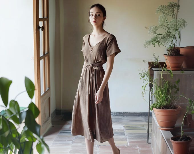 Anysize custom 100% linen midi dress with side pockets waist roped short sleeves plus size dress plus size clothing F63AL
