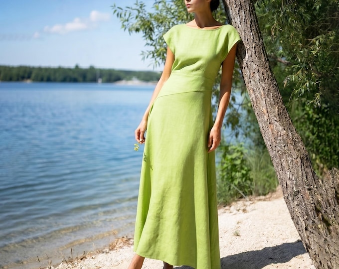 Anysize Custom 100% Linen Long Dress Minimalist A-Line Dress Drop Shoulder Summer Dress with Subtle Waist Detail Casual Chic Dress F2WL