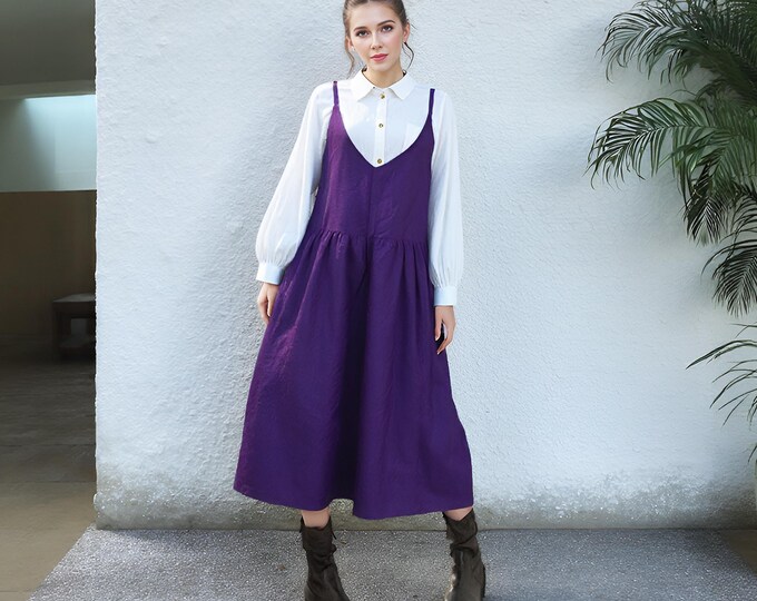 Anysize custom sleeveless 100% linen vest dress V-neck dress with side pockets spring summer fall plus size dress plus size clothing F97AL