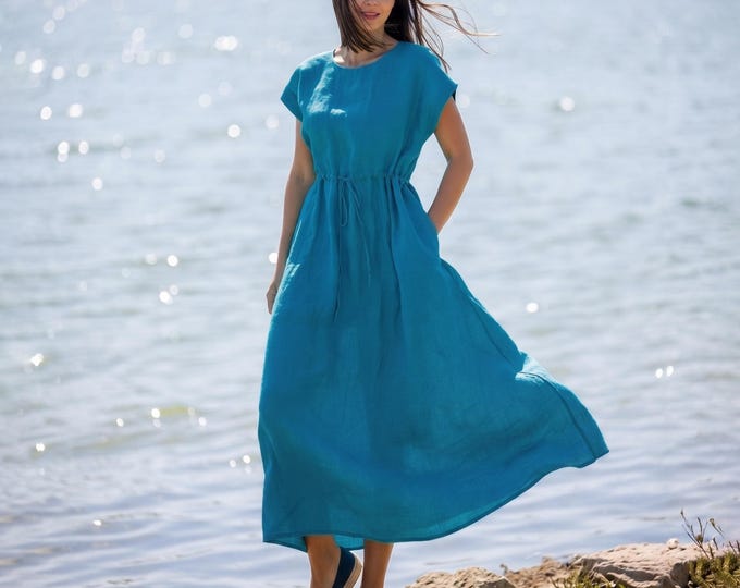 Anysize Custom 100% Linen Drop Shoulder Dress Drawstring Waist Summer Loose Fit Casual Dress with Pockets Short Sleeve Flowy Dress F1WL
