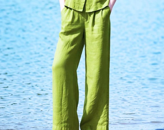 Anysize Custom 100% Linen Pants Wide Leg Elastic Waist Pants with Pockets Summer Casual Trousers Loose Fit Vacation Pants F31WL