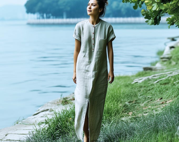 Anysize custom short sleeves 100% linen dress with side pockets buttoned spring summer middle split plus size dress plus size clothing F39JL