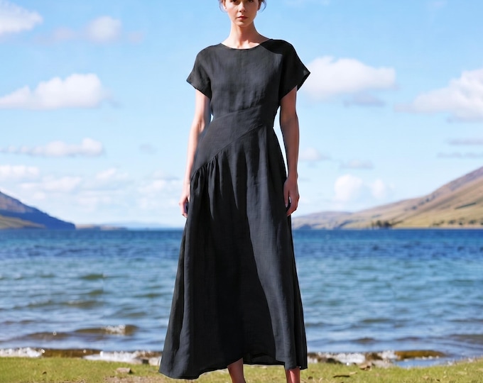 Anysize Custom 100% Linen Asymmetrical Dress Minimalist Summer Dress Short Sleeve A Line Dress with Diagonal Seam Modern Casual Dress F98VL
