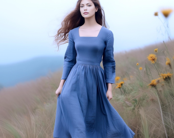 Anysize custom midi dress square neck back tie long sleeves linen cotton plus size dress side pockets spring fall plus size clothing F940E