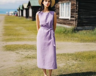 Anysize custom sleeveless 100% linen long dress summer dress belted with side pockets plus size dress plus size clothing F14YL