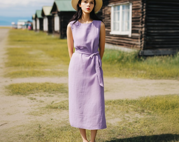 Anysize custom sleeveless 100% linen long dress summer dress belted with side pockets plus size dress plus size clothing F14YL
