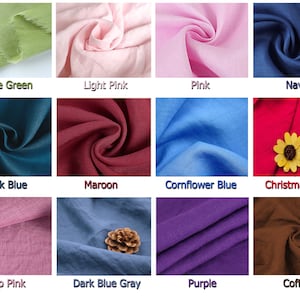 May include: A collection of fabric swatches in various colors, including olive green, light pink, pink, navy, dark blue, maroon, cornflower blue, Christmas red, deep pink, dark blue gray, purple, and coffee. Each swatch is labeled with its color name.