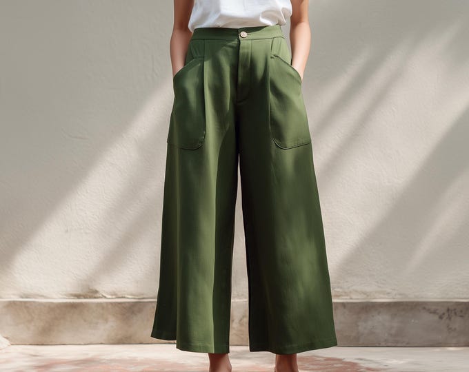 Anysize 100% linen wide leg pants with patch pockets back elastic waist spring summer plus size pants plus size clothing F74YL