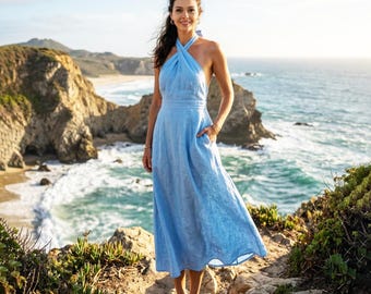 Anysize Custom 100% Linen Halter Dress Women Backless Summer Beach Vacation Linen Dress With Side Pockets Plus Size Dress F7VL