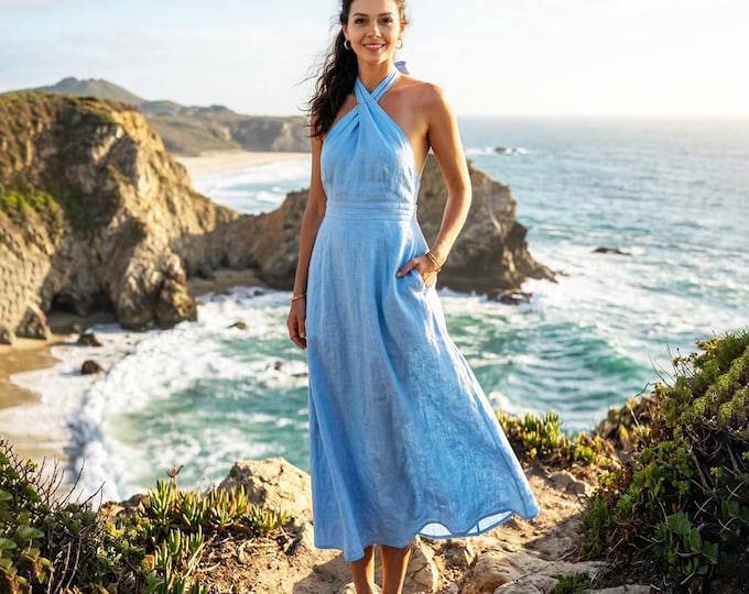 Anysize Custom 100% Linen Halter Dress Women Backless Summer Beach Vacation Linen Dress With Side Pockets Plus Size Dress F7VL