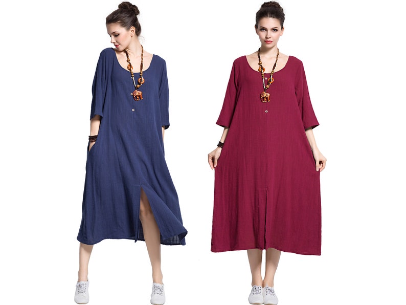 Anysize Front Slit Soft Linen Cotton Dress Side Pockets Plus - Etsy