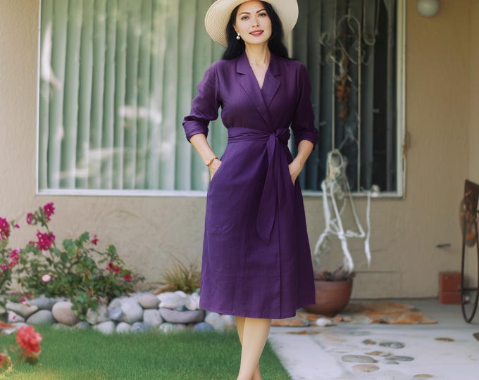 Anysize custom 100% linen long sleeves dress collared wrapped dress with pockets spring summer plus size dress plus size clothing F15YL