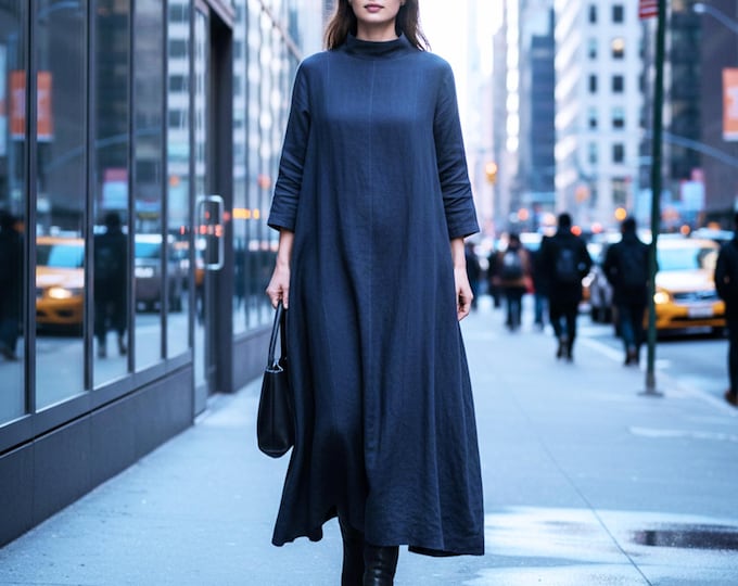 Anysize Custom A-line Dress Soft Linen Cotton Loose Dress Plus Size Turtleneck Dress With Side Pockets Plus Size Clothing F14TE