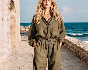 Anysize custom linen cotton collared tops with long sleeves loose plus size tops spring fall tops plus size clothing F27SN