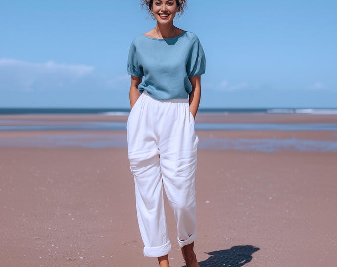Anysize custom 100% linen pants with side pockets elastic waist spring summer plus size pants plus size clothing F24RL