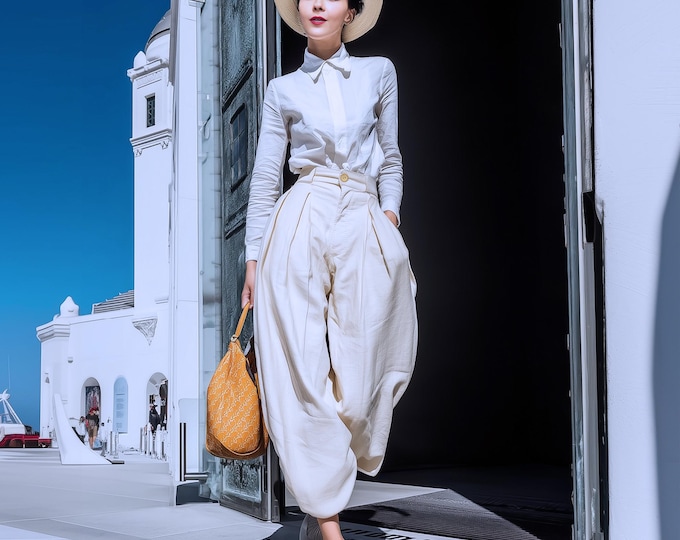 Anysize custom 100% linen pants back elastic waist pants with side pockets loose spring summer plus size pants plus size clothing F47DL