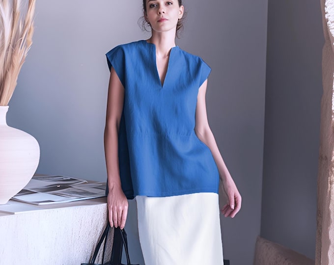Anysize custom 100% linen cap sleeves blouses V neck casual loose summer shirt plus size tops plus size clothing F93RL
