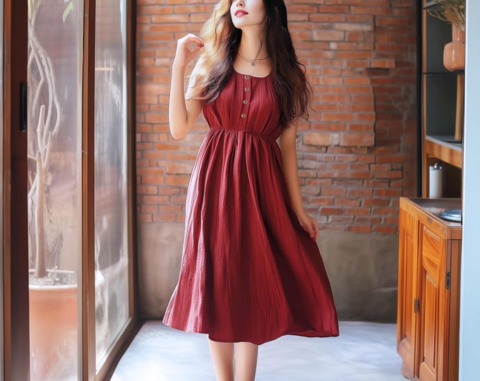 Anysize custom buttoned 100% linen sleeveless pleated loose midi dress with side pockets summer plus size dress plus size clothing F9CL