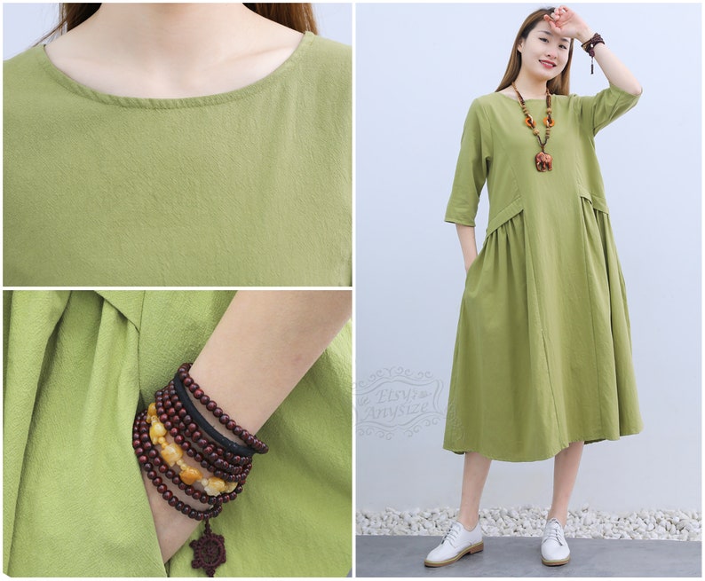 Anysize with side pockets soft linen cotton spring summer fall dress plus size dress plus size clothing F235A