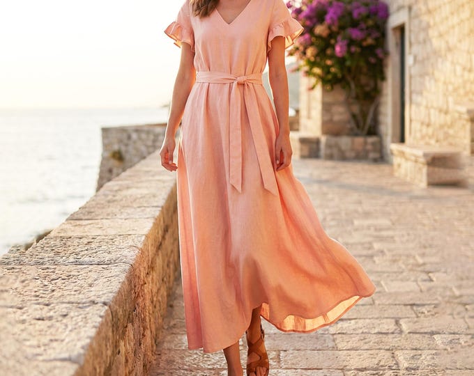 Anysize custom 100% Linen Midi Dress Flutter Sleeve V Neck Dress Belted Summer Dress Plus Size Dress Plus Size Clothing F25UL