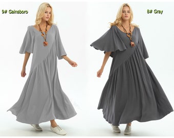 Anysize irregular sleeves 2.5lbs linen cotton maxi dress with side pockets plus size dress plus size clothing spring summer fall dress Y9