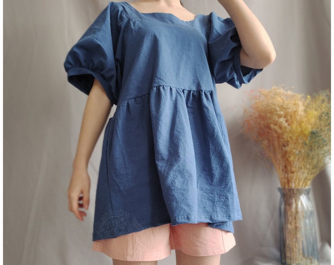 Anysize puff sleeves summer soft cotton tops short sleeves tops casual loose tops spring customized plus size clothing linen T16Q