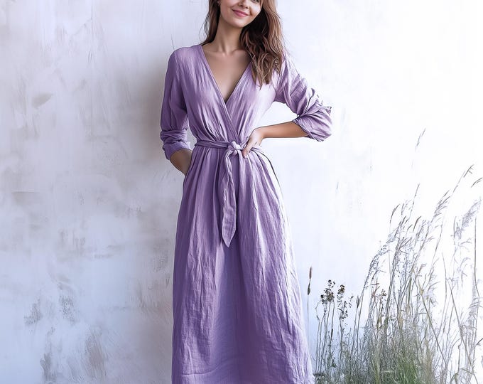 Anysize custom deep v neck dress 100% linen maxi belted dress with pockets spring summer fall plus size dress plus size clothing F8AL