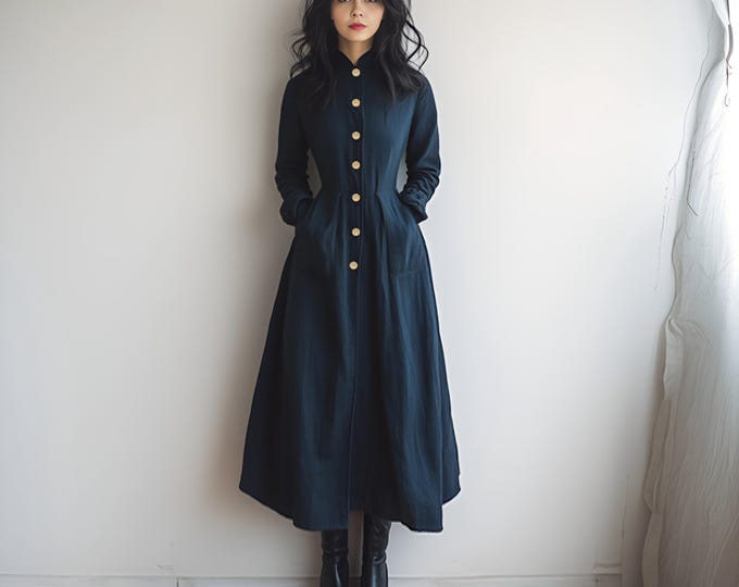 Anysize custom coat dress long sleeves linen cotton plus size dress with patch pockets spring fall retro plus size clothing F802N