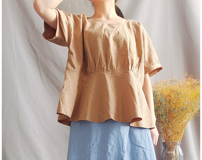 Anysize pleated casual loose shirt linen cotton tops short sleeves summer clothing plus size clothing T75A