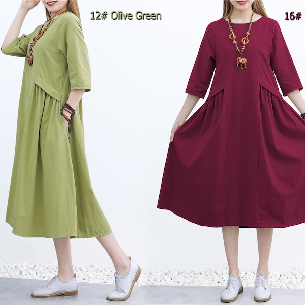 Anysize 3/4 sleeves with side pockets A-line soft linen cotton shirred spring summer fall dress plus size dress plus size clothing F235A