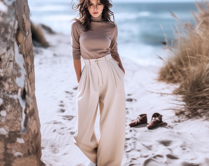 Anysize custom soft linen cotton spring fall high waisted pants side pockets floor length trousers plus size pants plus size clothing F91PE