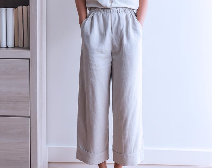 Anysize custom 100% linen cropped pants elastic waist with side pockets casual loose spring summer plus size pants plus size clothing F78JL
